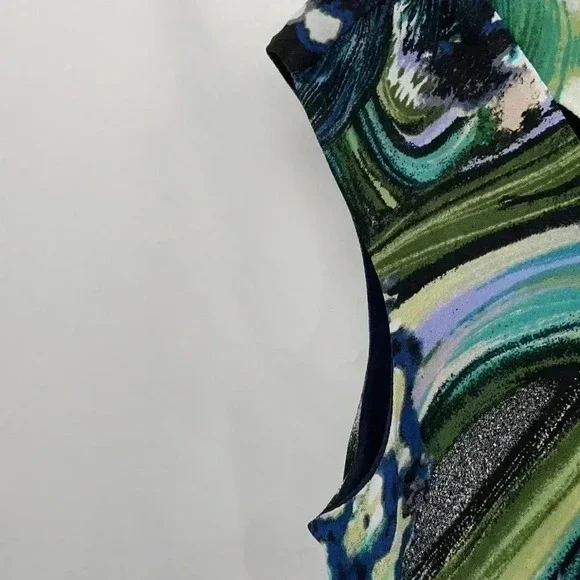 Dressbarn Peacock Sleeveless Dress 6 Black Green Feathers Circle Hem Peep Holes - Picture 4 of 10